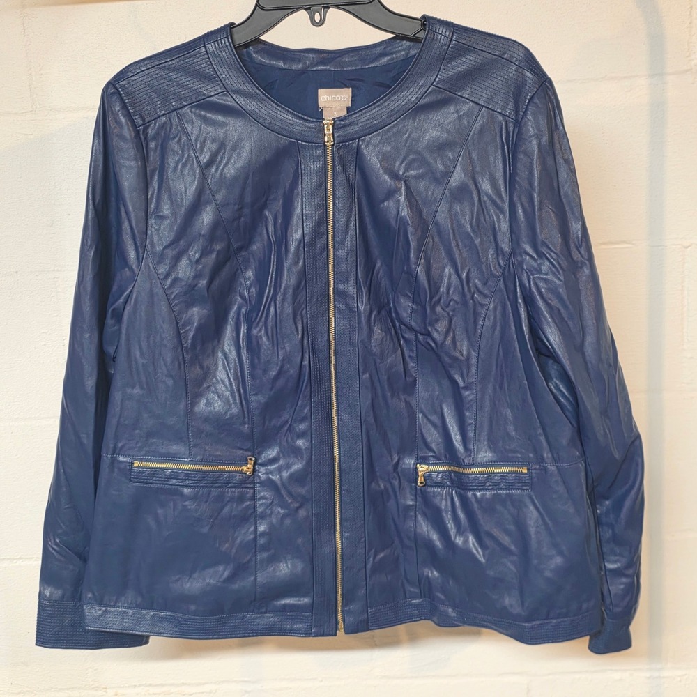 Chicos Blue Faux Leather Zip Front Moto Jacket Gold Hardware Size 3 L XL